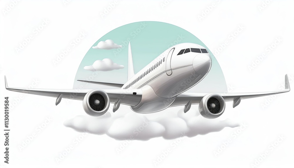Fototapeta premium A stylized airplane climbing through clouds with a serene backdrop, symbolizing travel and adventure.