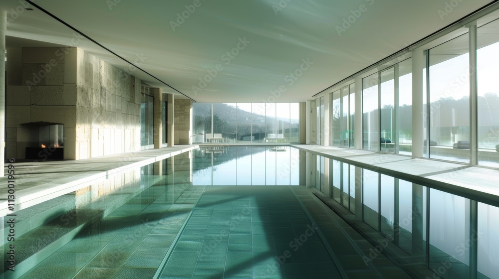 Fototapeta premium Elegant indoor swimming pool with a minimalist aesthetic and natural light flooding in through large windows