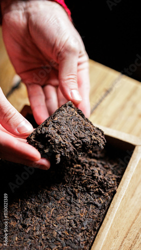 A Hand Gently Holding Compressed Tea Leaves That Are Ready for Brewing and Enjoying photo