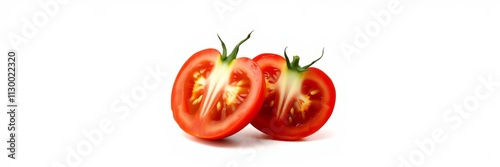 Wallpaper Mural Red ripe tomatoes sliced in half, showcasing vibrant red flesh and seeds, isolated on a white background, agriculture, white background Torontodigital.ca