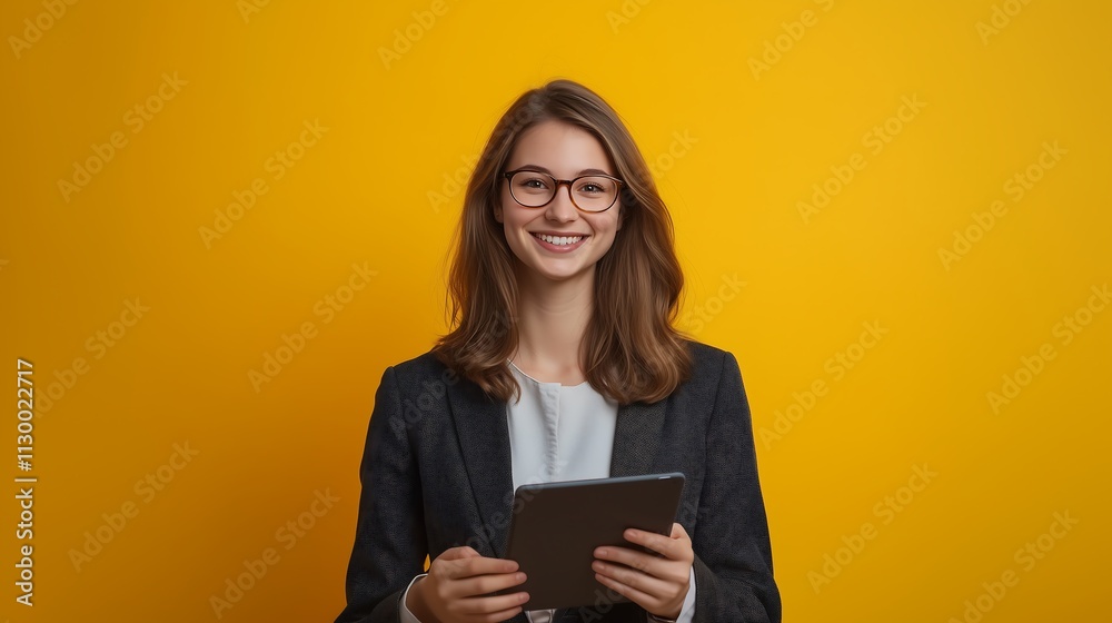 A young woman wearing glasses holds a tablet in her hand and smiles warmly. The background is bright yellow. She is wearing casual work clothes, giving off a friendly and professional vibe. A young woman wearing glasses holds a tablet in her hand and smiles warmly. The background is bright yellow. She is wearing casual work clothes, giving off a friendly and professional vibe.