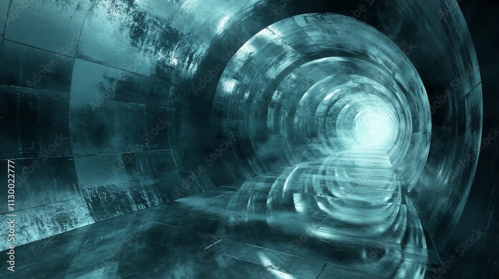 Fototapeta premium Abstract teal futuristic tunnel with glowing light at the end.