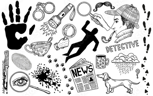 Hand drawn design set with cartoon detective and crime investigation symbols. Vector line art illustration with engraved retro objects and elements isolated on white. Discovery concept