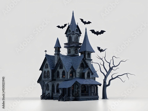 A 3D render of a gothic-style haunted mansion isolated on a white background. photo