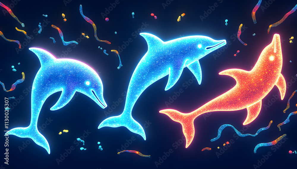 Fototapeta premium Glowing Dolphin Silhouettes with Abstract Water Trails