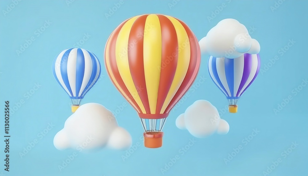 Fototapeta premium Colorful hot air balloons floating among fluffy clouds against a bright blue sky.