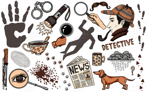 Hand drawn colorful design set with cartoon detective and crime investigation symbols isolated on white. Vector line art illustration with engraved retro objects and elements, stickers collection