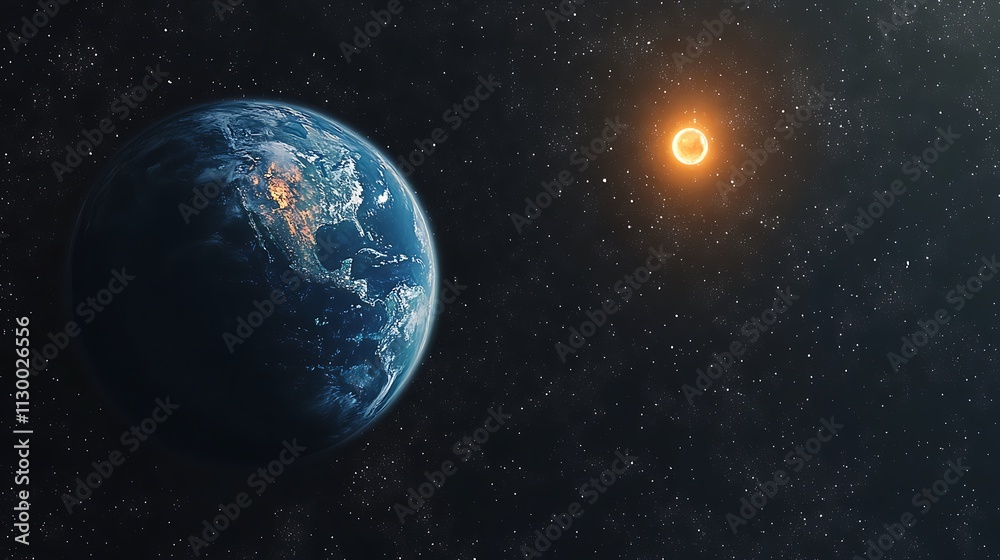Fototapeta premium Background of space with blue Earth and sun star
