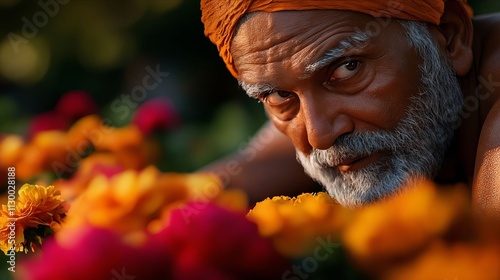 A man with a white beard and a turban sitting in front of a bunch of flowers photo