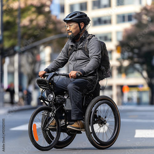 A person uses an adaptive electric tricycle, showcasing advanced mobility technology designed for enhancing movement and accessibility for all abilities in a city setting