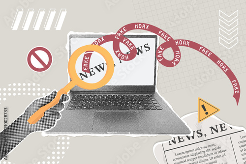 Trendy halftone collage. Concept of fake websites on laptop,fake news,sharing false information on social media,hoax. Hand with magnifying glass draws attention that news site is fake.Trendy retro