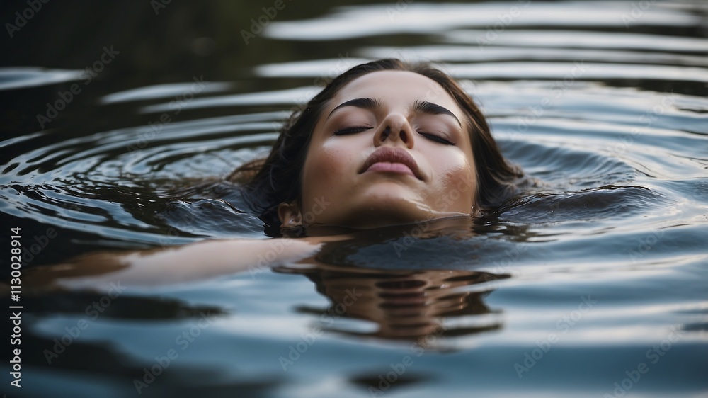 Fototapeta premium A serene portrait of a woman floating in water, eyes closed.