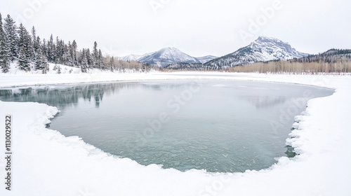 Winter Serenity: A serene winter landscape unfolds, showcasing a frozen lake nestled amidst snow-dusted mountains, evoking tranquility and the beauty of nature's icy embrace.  photo