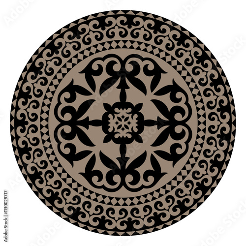 Round golden black Frame ornament, workpiece for your design. Ornamental Oriantal elements and motifs of Kazakh, Kyrgyz, Uzbek, national Asian decor for plate, textile, print design, For sandblaster