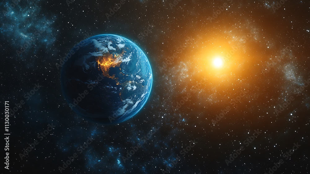 Fototapeta premium Background of space with blue Earth and sun star