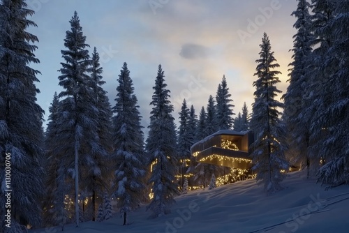 Illuminated cabin nestled in a snow-covered pine forest at twilight.