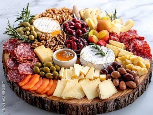 A beautifully arranged cheese platter featuring various cheeses, meats, fruits, and nuts.