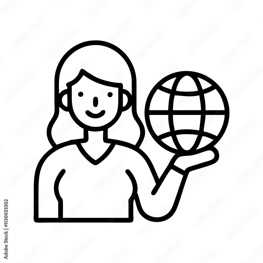 Obraz premium woman holding globe icon, womens day line art, women’s day icon - simple black line art icon of woman holding globe, symbolizing womens day celebrations womens day vector art 