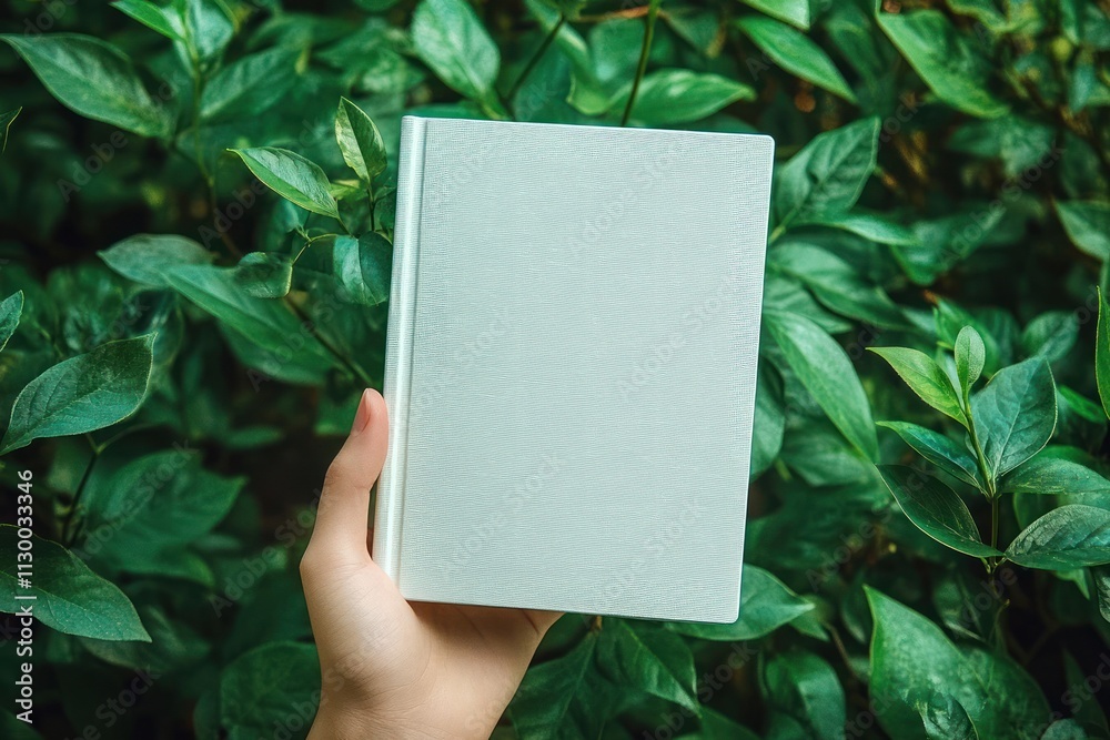 Blank Book in Hand Surrounded by Green Nature Lush Foliage Minimalist Photography Blank Book in Hand Surrounded by Green Nature Lush Foliage Minimalist Photography