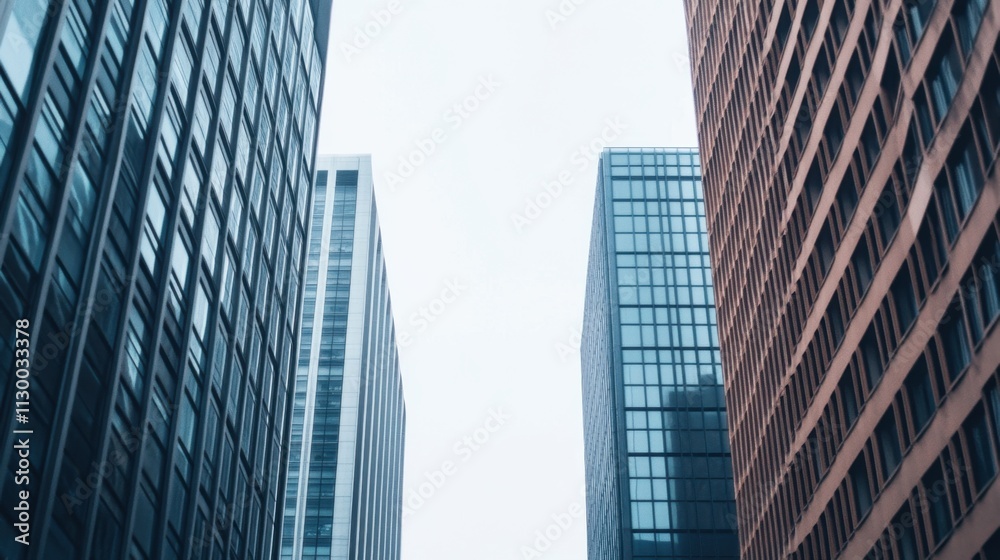 Fototapeta premium A view looking up between two tall buildings, showcasing modern architecture and glass facades against a muted sky.