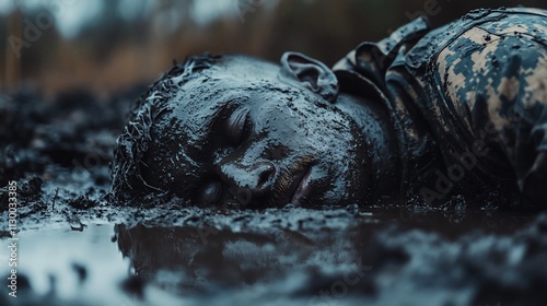 Mud-covered soldier lying face down in a puddle.