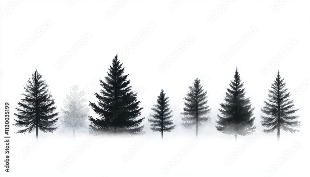 Obraz premium A serene winter landscape featuring a variety of pine trees silhouetted against a soft, white background.