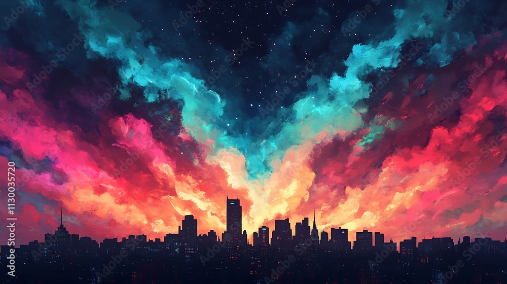 Fototapeta premium Vibrant Fireworks Display Illuminating the Night Sky Over a City Skyline with Colorful Clouds Creating a Stunning Visual Spectacle