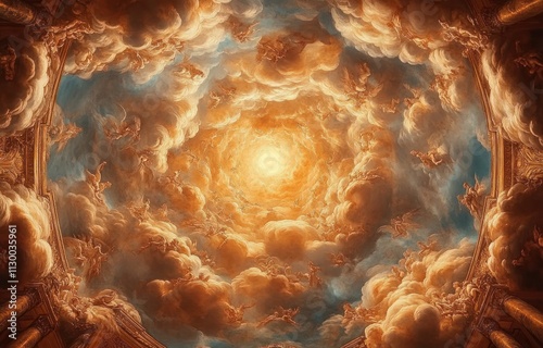 Baroque Ceiling Fresco of Celestial Beings in Cathedral Illuminated by Warm Light