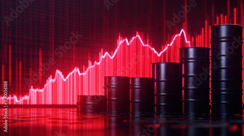 black oil barrels and red graph up. concept of a high jump in oil prices. rise in oil prices photo