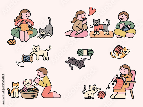 Knitters and cats playing with knitting balls. Cuttiny character with outline.