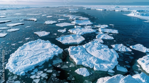 Aerial view of cracked ice sheets floating in dark blue arctic ocean water during winter