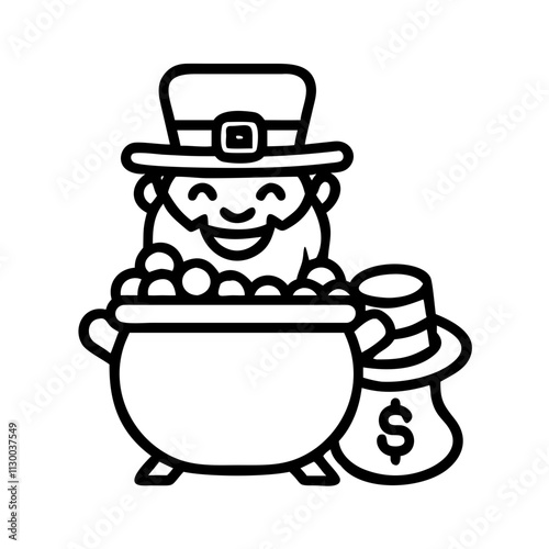 leprechaun pot overflowing with coins icon,st patricks day line art, patrick’s day icon - simple black line art icon of leprechaun rainbow for st patrick’s day celebrations. patricks day vector art.