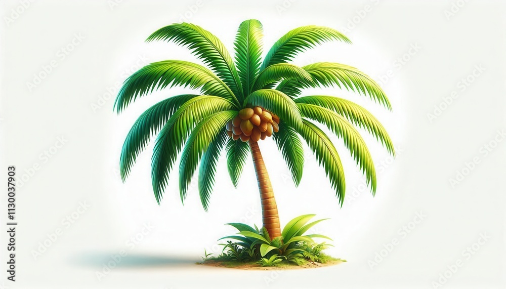 Obraz premium Detailed palm tree illustration with coconuts and tropical plants showing realistic botanical features