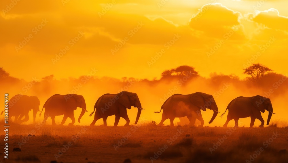 Fototapeta premium African Elephants Silhouettes at Sunset