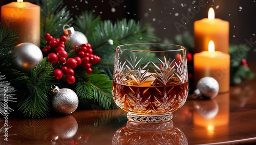 A delicate, ornate crystal glass filled with a rich, amber-colored whiskey, surrounded by a festive arrangement of verdant fir branches, crimson holly berries, and sparkling silver ornaments, placed o photo