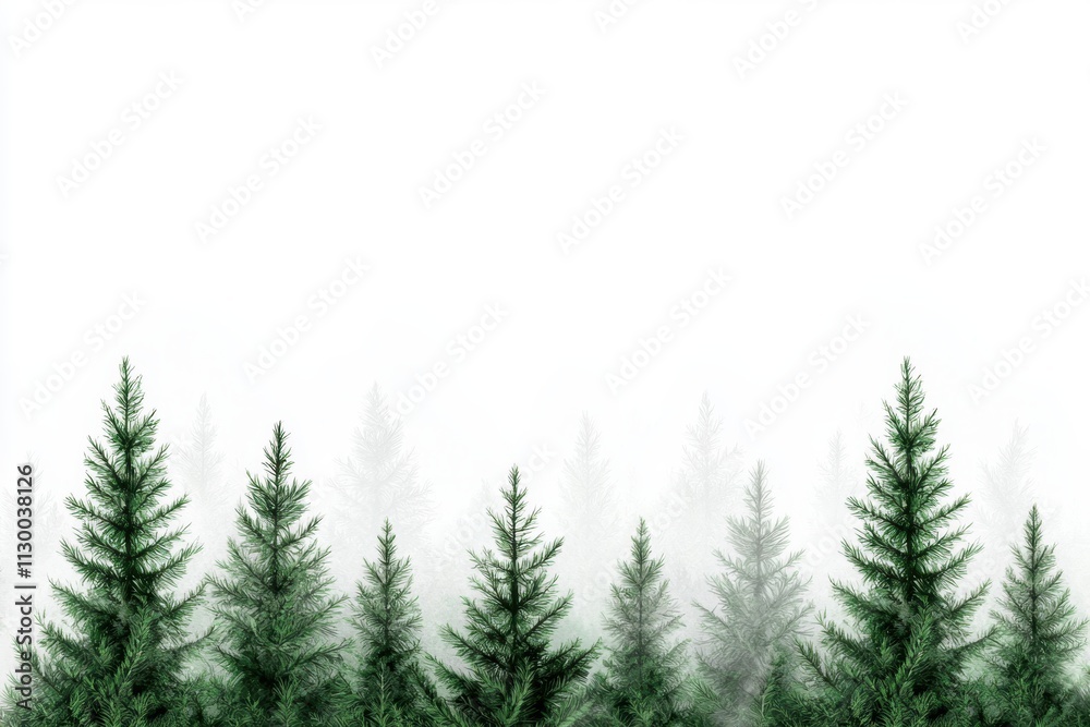 Fototapeta premium A serene forest scene featuring tall, green trees fading into a misty background against a white sky.