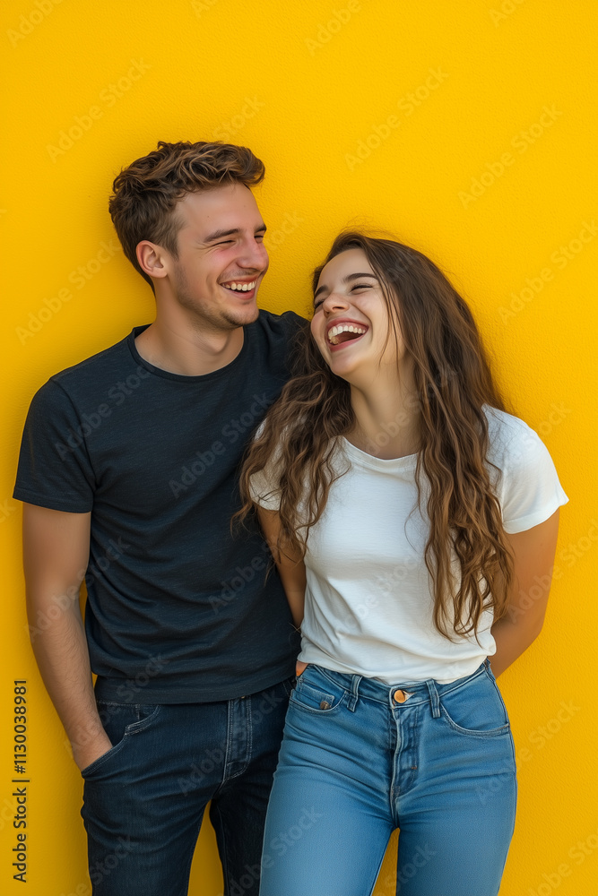 A joyful young couple, casually dressed and sharing a laugh, with a vibrant solid backdrop A joyful young couple, casually dressed and sharing a laugh, with a vibrant solid backdrop