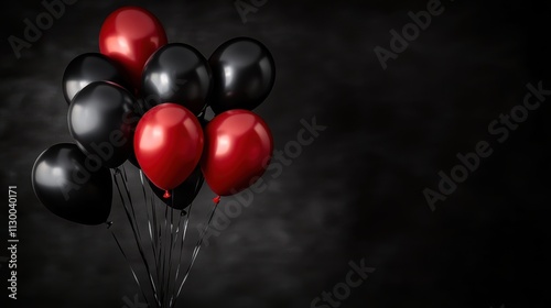 An abstract artistic composition featuring red and black balloons cascading diagonally across a textured black background, with a touch of motion blur suggesting gentle movement, under dramatic spotli photo