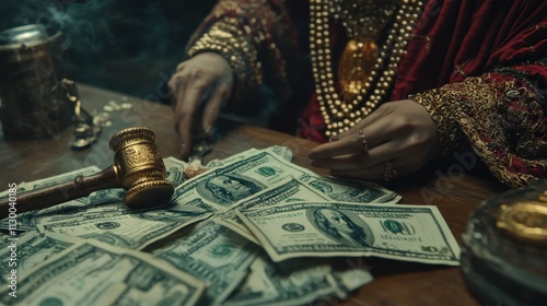 Golden gavel rests on a pile of US dollar bills, a wealthy woman's hands visible. Illustrates themes of wealth, justice, and possibly corruption or bribery. photo