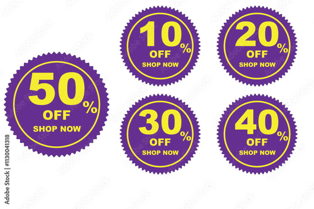 Obraz premium 10% to 50% off, discount sale for customer and buyers and social media, with purple and yellow color with plain background, Editable vector file, big offer bundle, big discount set