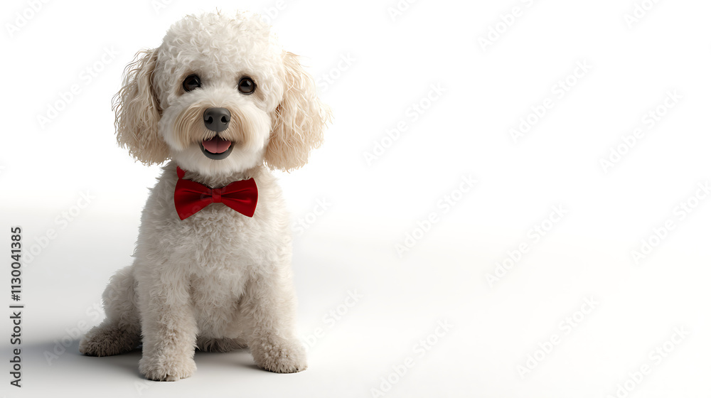 Obraz premium A white dog with a red bow tie is sitting on a white background