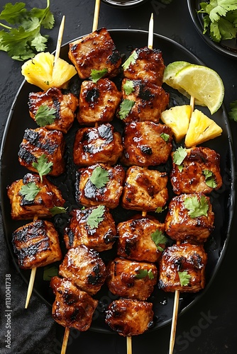 Delicious Grilled Pineapple and Pork Skewers with Cilantro Garnish.