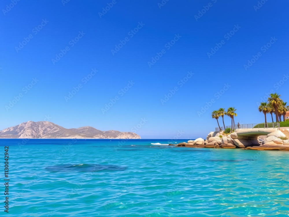 Fototapeta premium Sandy beach with turquoise water and palm trees in Majorca, Spain, Playa de Illetas, paradise