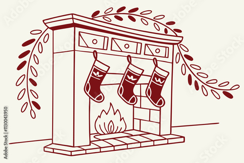 A fireplace with a few stockings and a garland over the mantle in red F