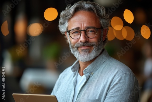 happy young latin business man executive holding tablet in modern office photo