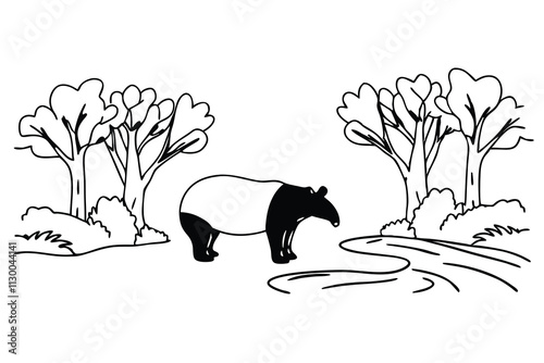 A Malayan tapir standing by a shallow forest stream F