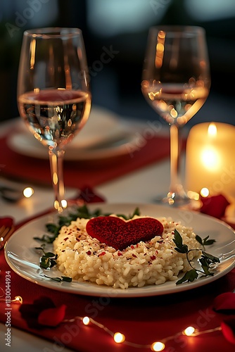 Romantic Valentine's Day Dinner Heart-Shaped Risotto with Wine and Candlelight.