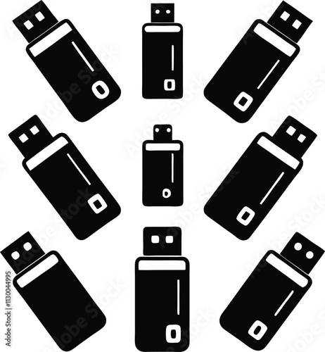 USB Flash Drive Clipart: Black & White Vector Illustration of Thumb Drives for Data Storage, Technology, and Computer Accessories