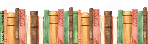 Watercolor seamless border with books in a row, library, random learning for textures, prints, packaging on a white background