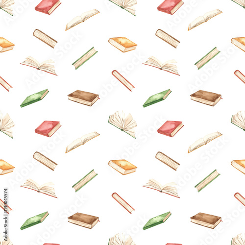 Watercolor seamless pattern with books, open, closed in random order for textures, prints, packaging on white background